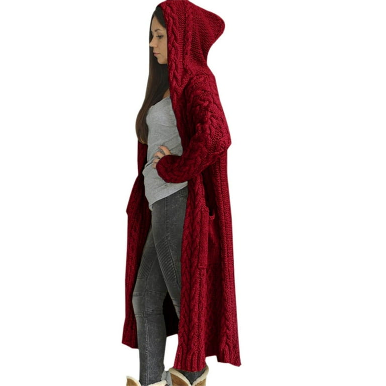Women's Winter Long Hooded Cardigan Sweater with Pockets, Solid