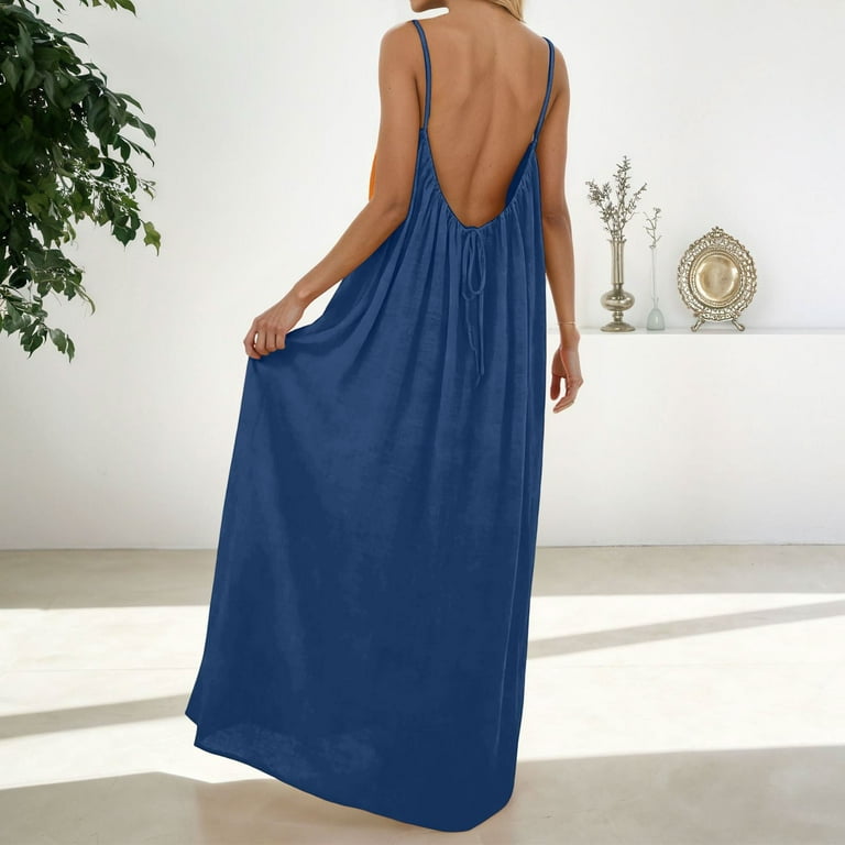 FASHOFT Backless Cami Dress for Women Backless Dresses Spaghetti Strap  Flowy Maxi Dress 2026 Summer Casual Solid Color Sleeveless Navy M -  Walmart.com