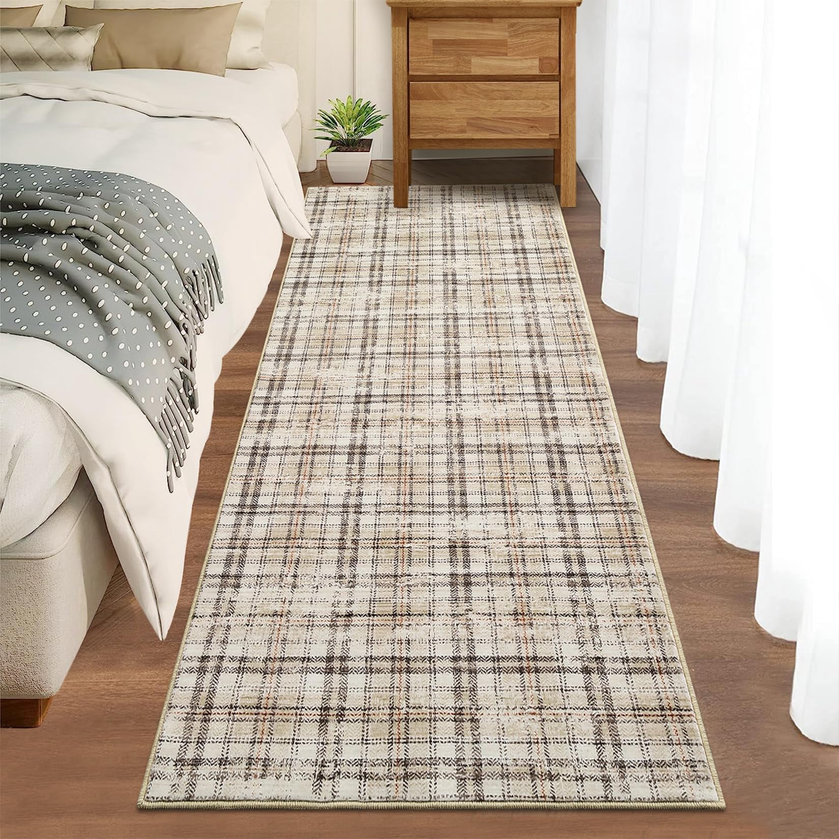 2'x6' Washable Soft Plaid Traditional Tartan Runner Rug - Non Shedding, Non Slip, Stain Resistant Carpet for Living Room, Bedroom, Nursery, Office, Machine Washable, Beige