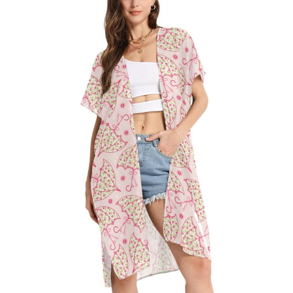 joogoo Women's Pink Umbrellas and Floral Beach Cover Up Kimono Swimsuit Summer Cardigan Swimwear S