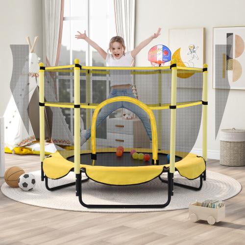 5 FT Trampoline with Safety Guardrail and Basketball Hoop for Indoor and Outdoor Use, Yellow