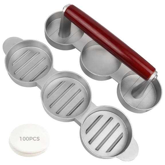 DIY Hamburger Patty Press Mold, Aluminum Alloy 3-Grid Burger Press with 100 Pcs Paper Liners, Wooden Handle, Non-Stick Surface for Homemade Burgers, BBQ, and Outdoor Cooking