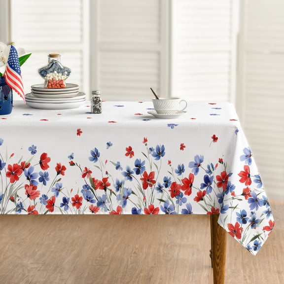 Sm:)e Red Blue Floral Fourth of July Tablecloth 60x84 Inch, Patriotic 250th Anniversary Table Cover