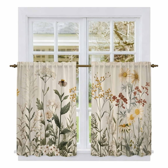 Botanical Tier Curtains, Retro Plant Wildflower Green Leaf Ferns Light Filtering Kitchen Curtains, 2Pcs Rod Pocket Half Window Treatments Panels for Sink Cafe Cabinet Basement 27.5x45 Inches
