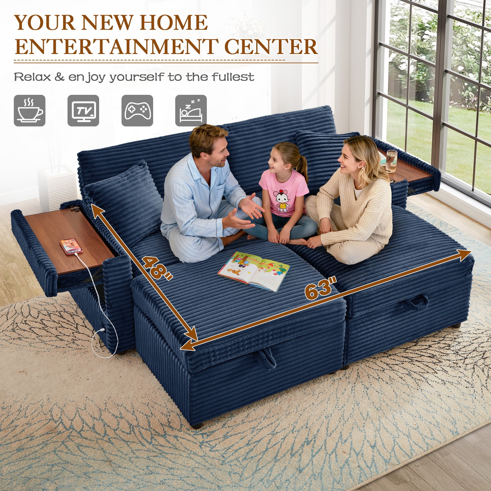 Muumblus Loveseat Sectional Sofa with 2 Storage Ottomans, Modular Cloud Couch with 2 Side Tables & USB, Plush Double Chaise Lounge Sofa Bed Indoor, Blue Corduroy