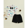 thumbnail image 3 of Musuos Kid Boys 2 Piece Set 6 12 18 24M 3 4Y Short Sleeve Dinosaur Print Shirts with Bowtie + Elastic Waist Shorts Toddler Baby Summer Outfits, 3 of 10