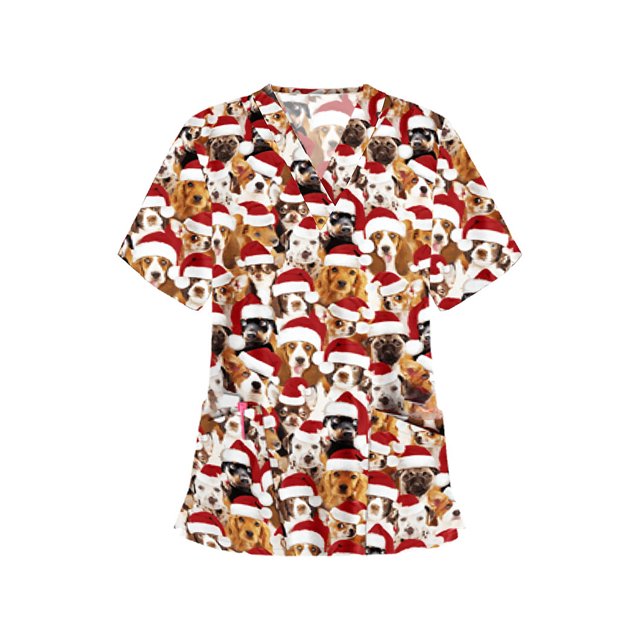 xiaxaixu Women Christmas V-Neck Short Sleeve Tops Nurses Work Uniform Blouses