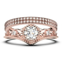 Antique Milgrain Art Deco 2.50 Carat Round Cut Crown Diamond Moissanite Engagement Ring, Engraved Wedding Ring, Two Matching Band in 10k Solid Rose Gold, Gift, Promise Ring