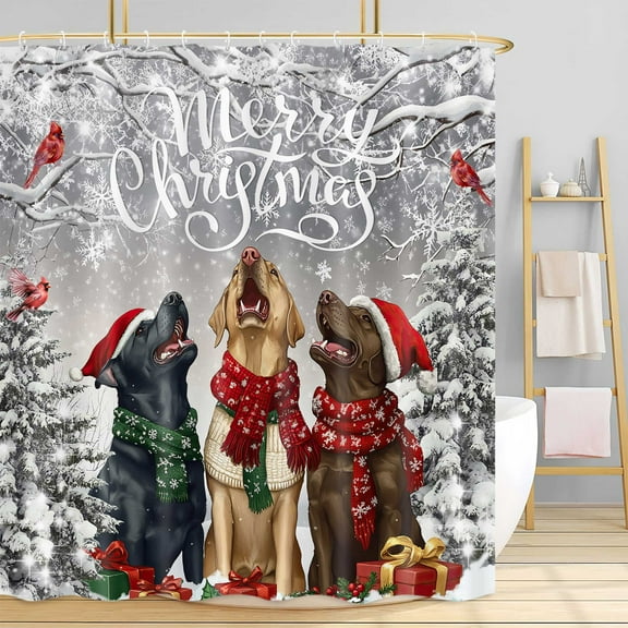 Winter Christmas Funny Dog Shower Curtain, Cute Cardinal Bird Snowman for Snowflake Holiday Fabric Bath Curtain, Xmas Pine Tree Grey Restroom Decor Bathroom Accessories with Hooks, 72X72in