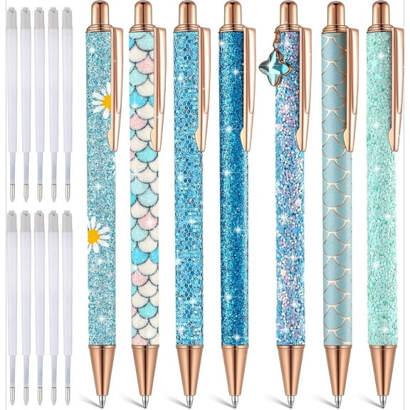 WuPing 7 Pcs Fancy Pens with 10 Pcs Black Ink Refills for Women, Glitter Colorful Ballpoint Pens, Metal Retractable Pens, Black Ink Medium Point 1.0 mm