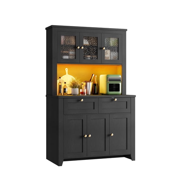 66" Tall Pantry Cabinet with LED Lights & Charging Station, Kitchen Pantry Storage Cabinet Kitchen Hutch Coffee Bar with Storage Drawers and Adjustable Shelves for Dining Living Room, Black