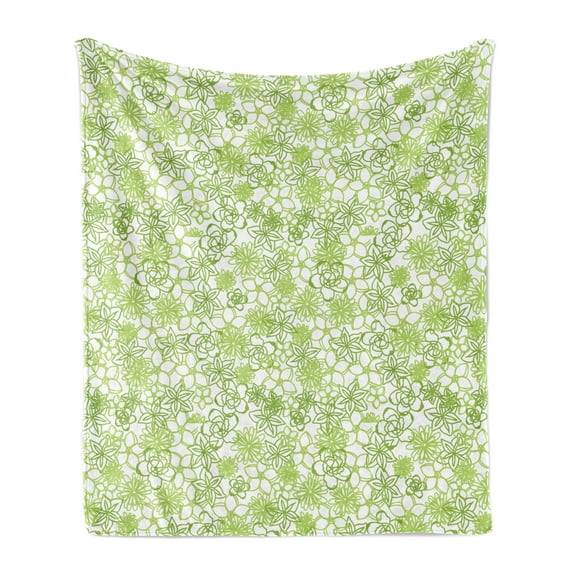 Floral Soft Flannel Fleece Throw Blanket, Pastel Flower Motifs with Leaves and Branches Aster Calendula Blooms Growth, Cozy Plush for Indoor and Outdoor Use, 50" x 70", Lime Green White, by Ambesonne