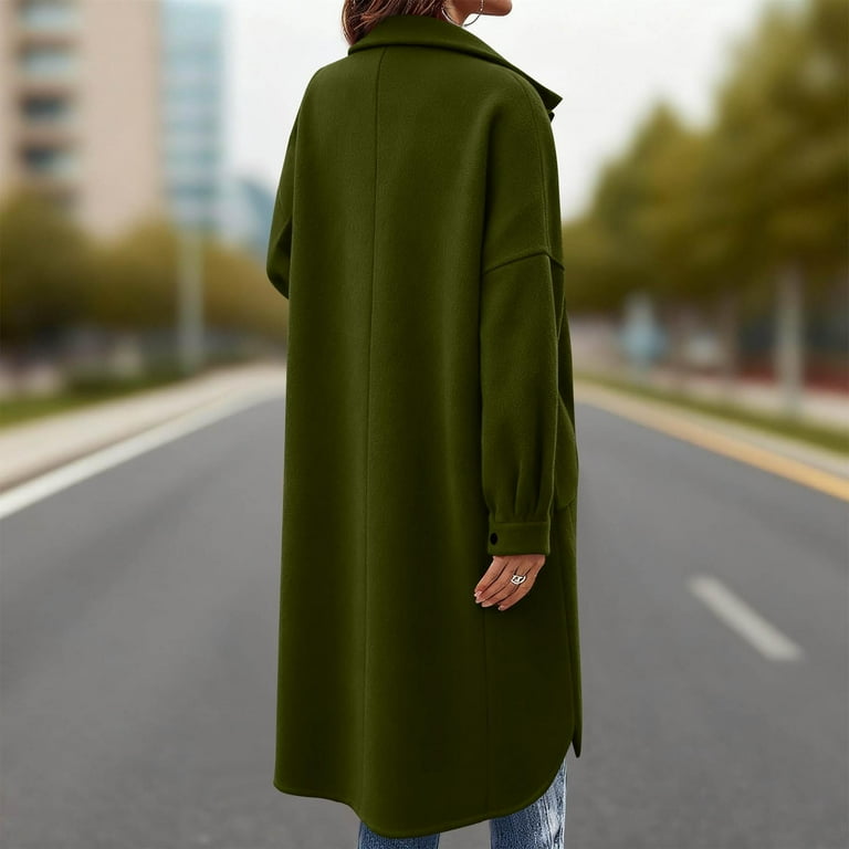 Woolen Long Trench Coat Women Single Breasted Notch Lapel Collar Winter Dress Coat with Pockets Loose Pea Overcoat (xl, Army Green)