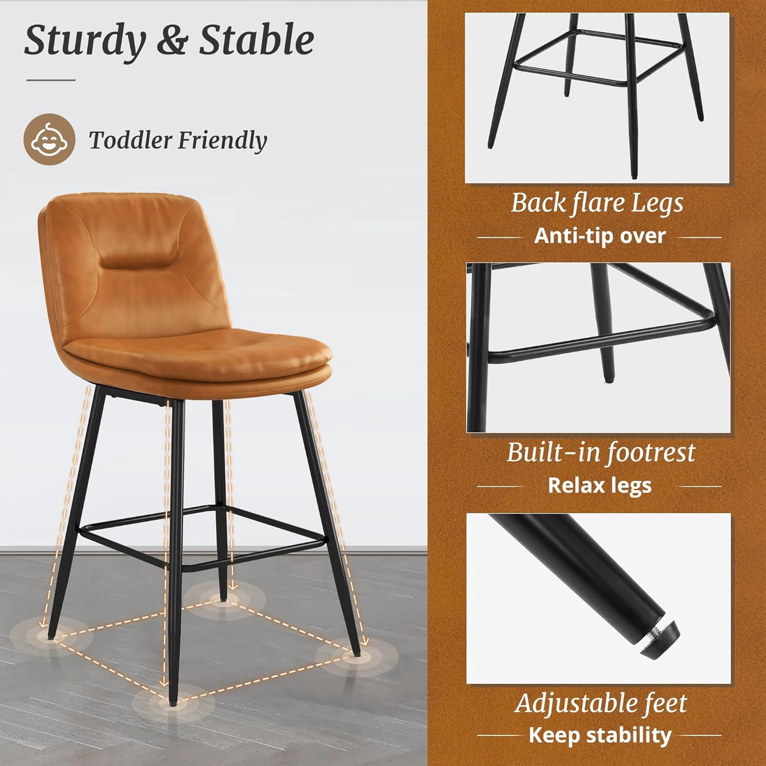 Dycanpo 24”H Bar Stools Set of 3, Double-Layer Upholstered, for Home Kitchen, Whiskey Brown