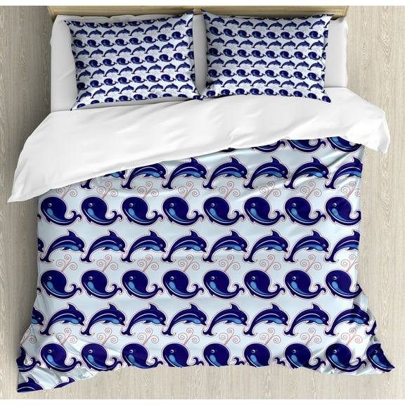 Whales Duvet Cover Set, Fun Loving Animals Dolphin and Whale Horizontally Arranged Motifs Pattern, Decorative 3 Piece Bedding Set with 2 Pillow Shams, Queen Size, Indigo Pale Blue, by Ambesonne