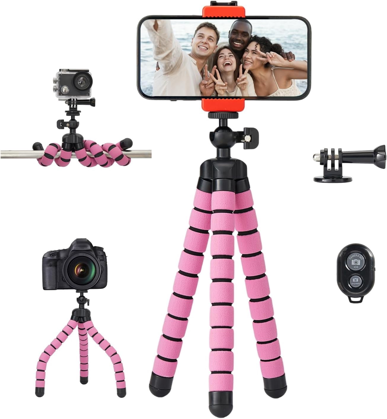 RGHJAR-Portable & Flexible Phone Tripod with Wireless Remote & Adjustable Clip – Compact Cell Phone Tripod Stand for Video Recording, Vlogging, and Live Streaming（Pink）
