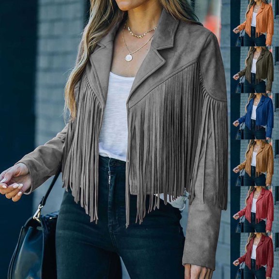 Dazajoo Women's Fringe Faux Suede Leather Jackets Long Sleeve Tassel Cropped Coats Solid Color Cardigans,Gray,XL