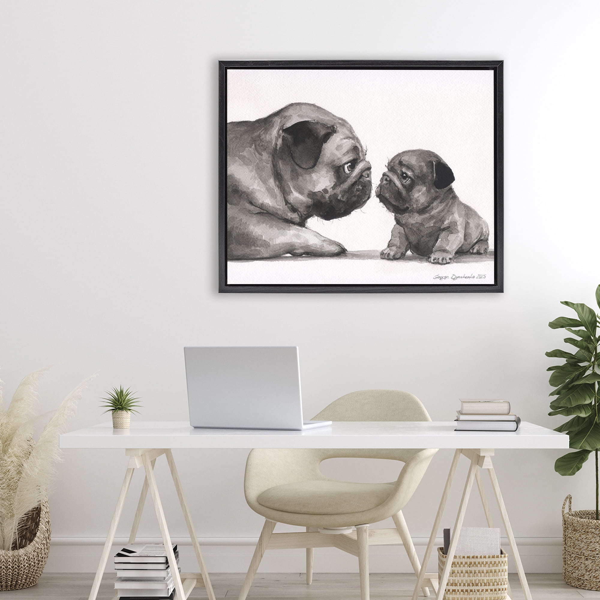 Stupell Industries Pug And Her Puppy Black Framed Floater Canvas Wall Art, design by George Dyachenko