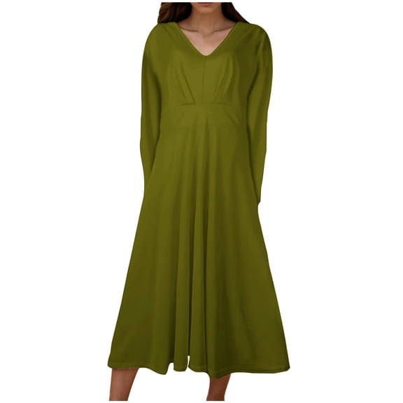 WRKEKC Womens Dresses Casual Solid Color Long Sleeve V-Neck Midi Dress for Fall Winter Soft Fabric Knee Length with Side Pockets and A Line Silhouette
