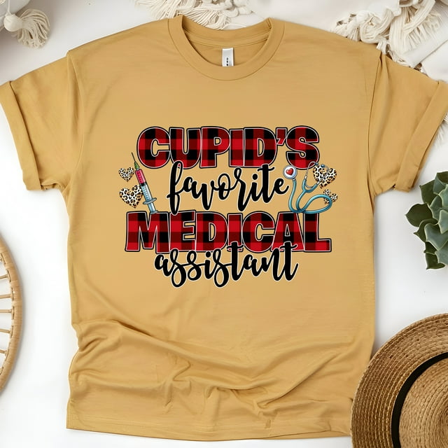 Cupid’s Favorite Medical Assistant Shirt | Plaid Heart MA Tee, Gold, Size M
