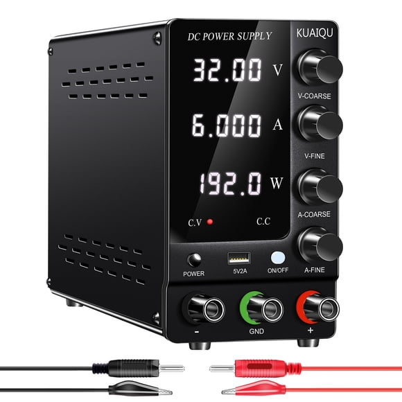 KUAIQU Indicador de potencia variable Fuente de alimentación regulada de 32 V y 6 A con puerto USB y interruptor de salida Negro