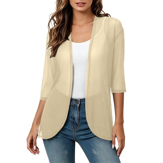 Hfnxid Women's Chiffon Cardigan Sheer 3/4 Sleeve Open Front Cardigans Lightweight Summer Cover Up Casual Short Shawl Tops Beige XL