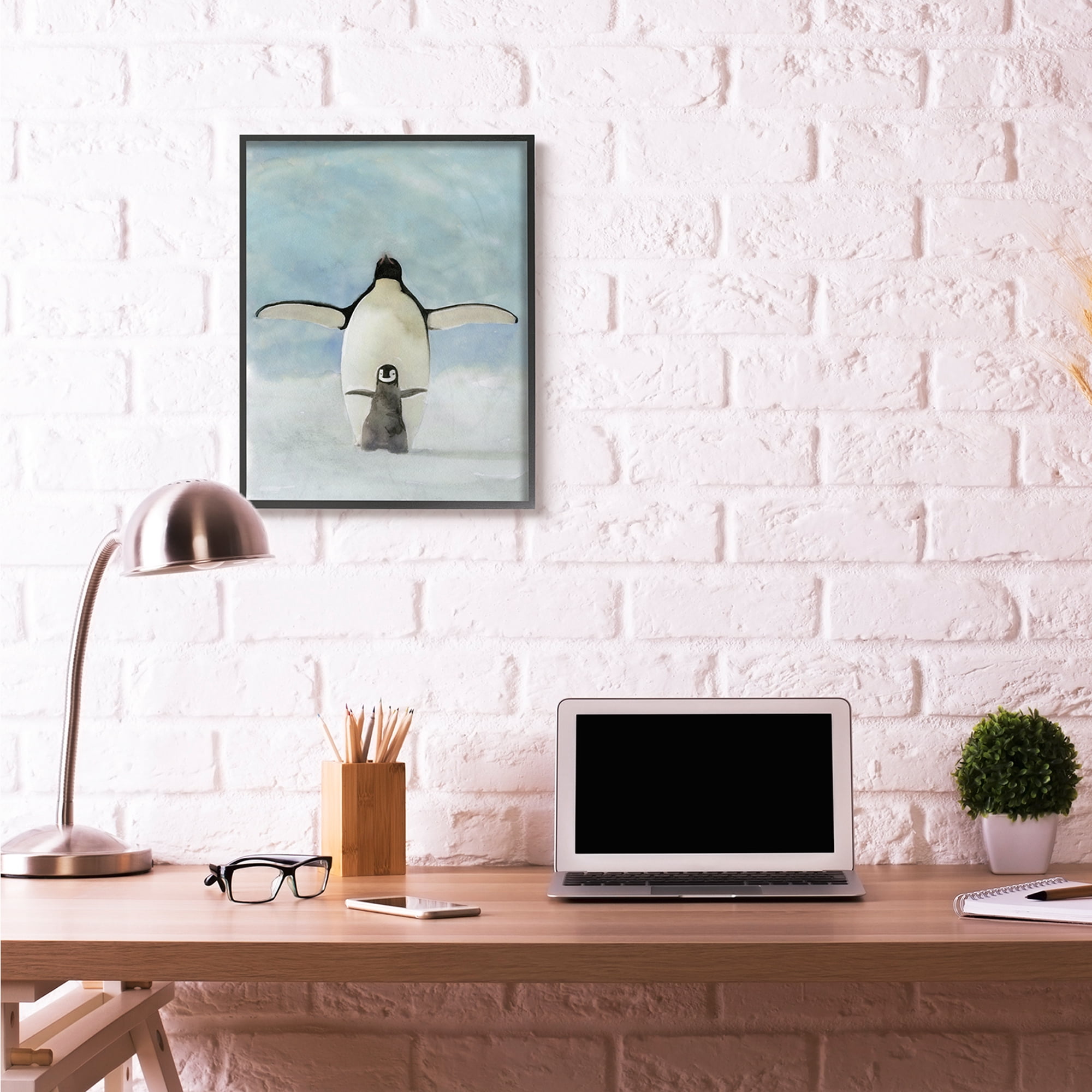 Stupell Industries Penguin Family Blue Watercolor Animal Painting Framed Wall Art by Stellar Studio, 24" x 30", Black Framed