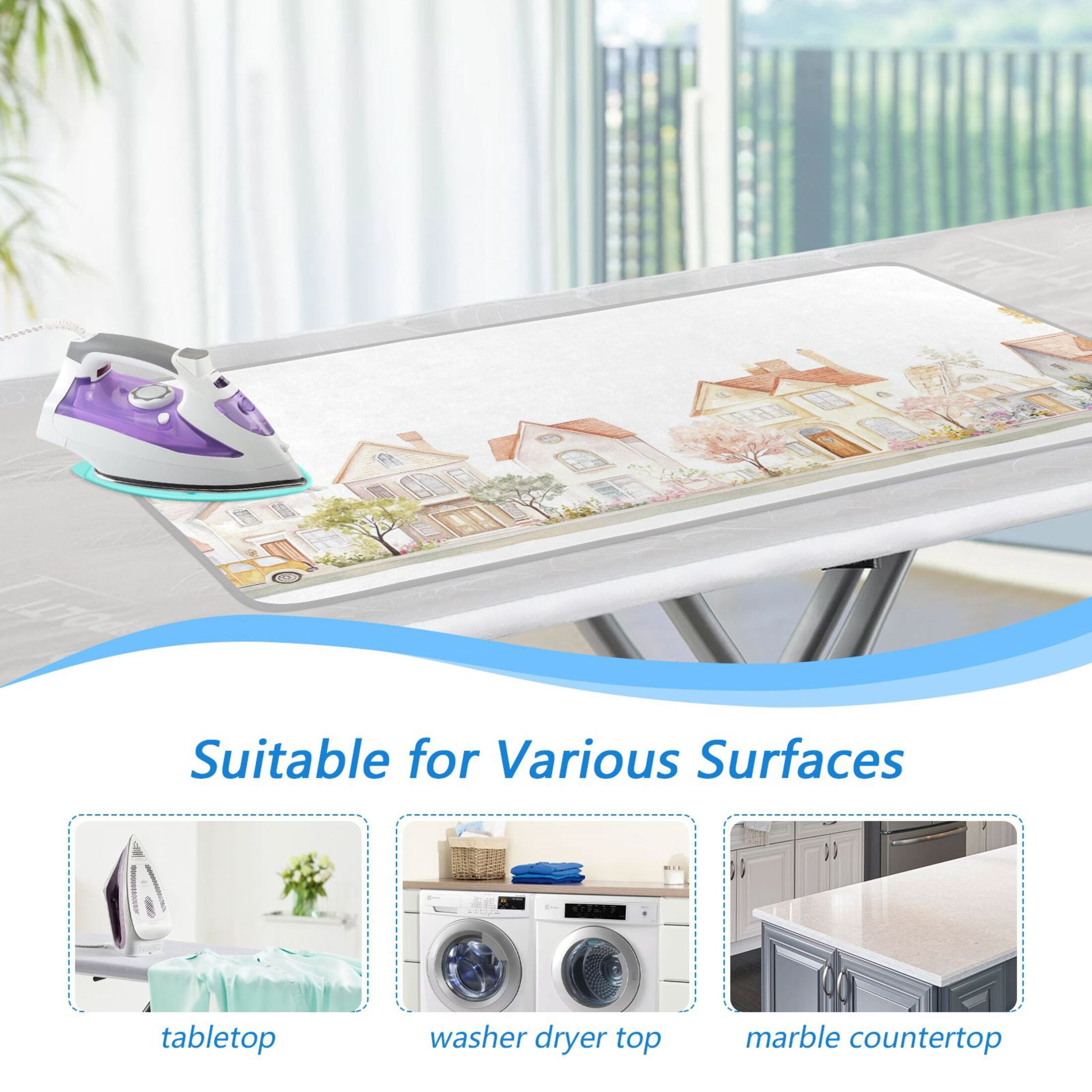 Watercolor Pastel Houses Trees Flowers Car Ironing Mat Blanket Portable Travel Ironing Pad Heat Resistant Pad 47.2" x 27.6”