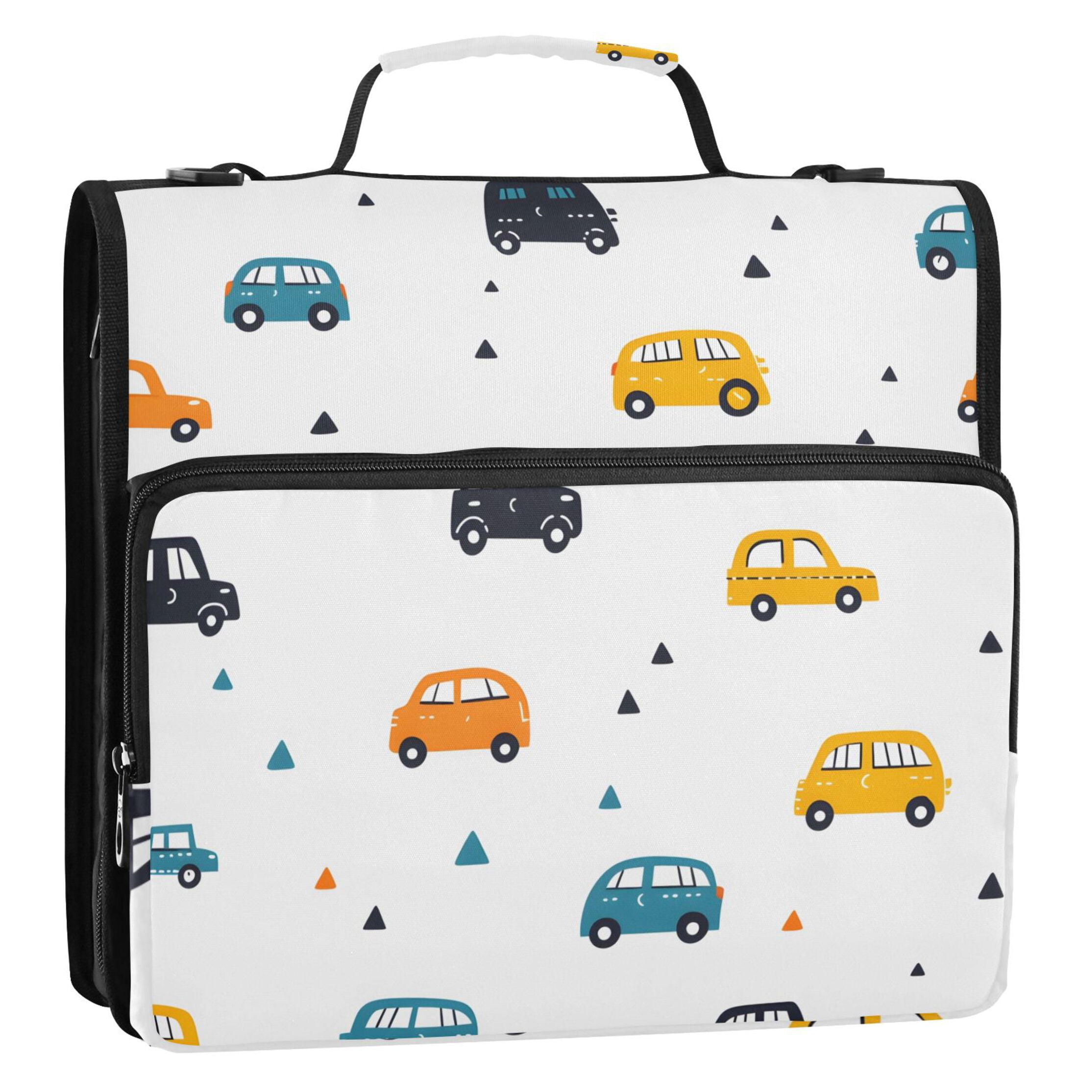 3 Ring Zipper Binder with Shoulder Strap Waterproof Trapper Keeper 2 Inch D-Ring 500 Sheets Capacity Cute Cars and Triangles