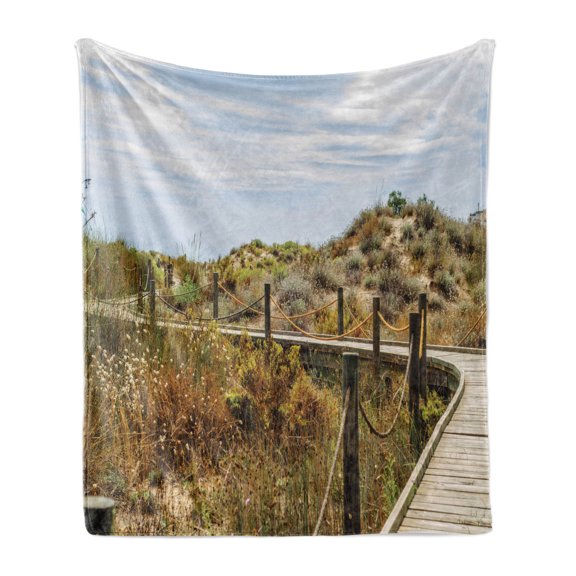 Beach Pathway Soft Flannel Fleece Blanket, Wooden Boardwalk in the Dunes Leading to the Sandy Beach the Path by the Sea, Cozy Plush for Indoor and Outdoor Use, 70" x 90", Multicolor, by Ambesonne