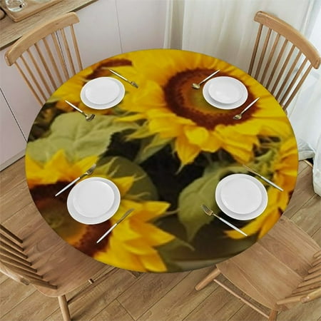 

Round Fitted Tablecloth Flower Floral Round Table Cover with Elastic Edge Waterproof Wipeable Polyester