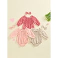thumbnail image 3 of Hirigin Newborn Infant Baby Girl Cotton Linen Plaid Romper 0 3 6 12 18 Months Off Shoulder Long Sleeve Smocked Bodysuit with Headband, 3 of 8