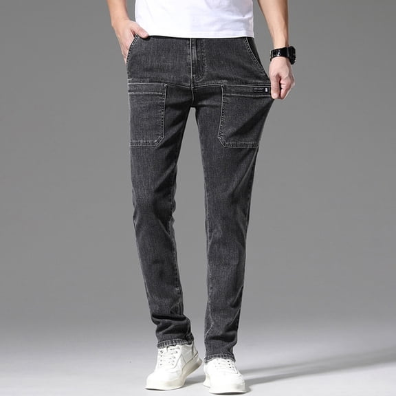 Men Pants Casual Solid Color Slim Tapered Pocket Waist Denim Pants Men's Jeans Black 28