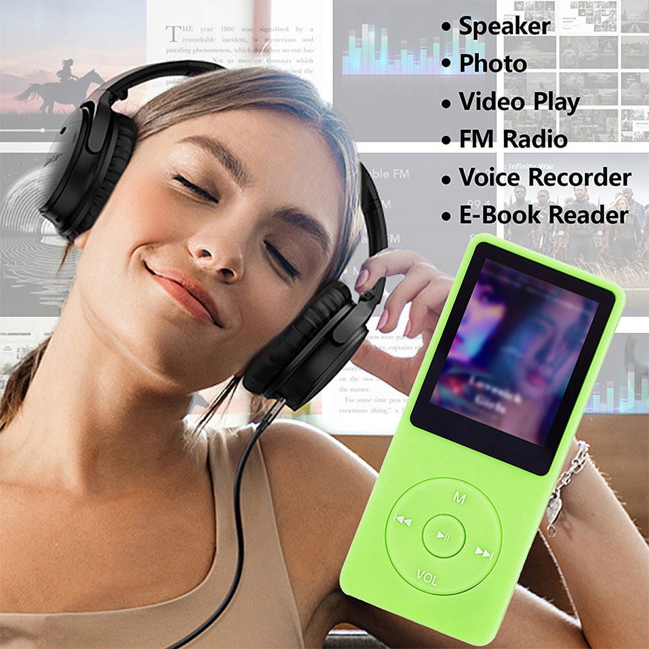 MP3 Player, Music Player with 16GB Micro SD Card, Build-in FM Radio/Video Play/Voice Recorder/E-Book Reader, Supports up to 128GB, Green