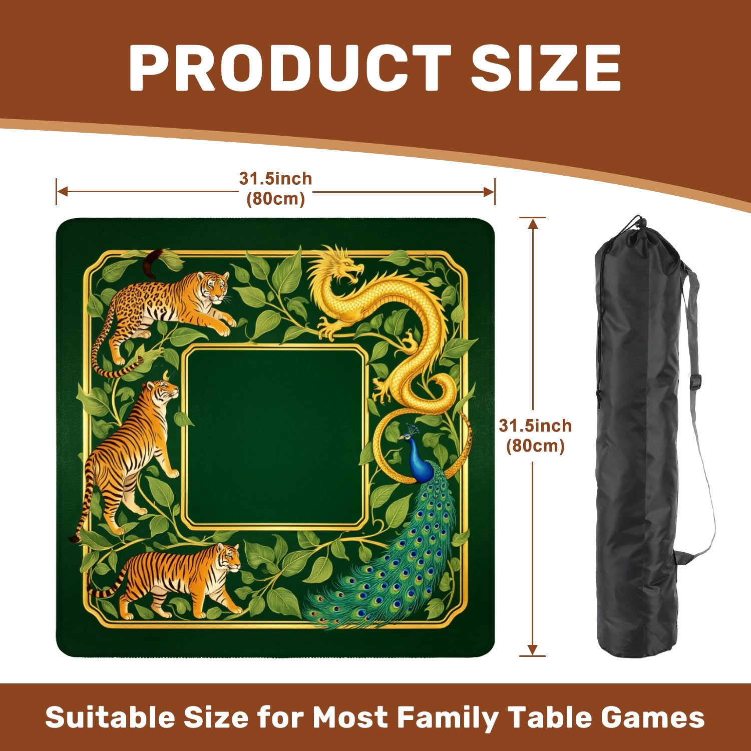 Mahjong Mat 31.5" x 31.5" Golden Dragon Tigers Peacock Floral Frame Non-Slip Noise Reduction American Mahjong Tiles Table Cover for Dominoes Poker Card Board Games Gift