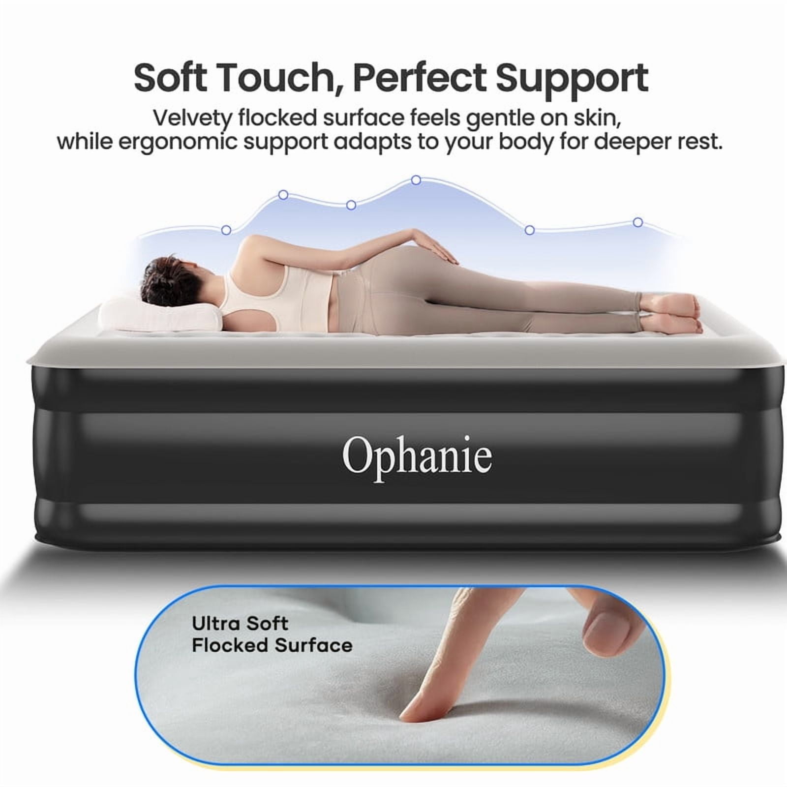 Ophanie Queen Air Mattress, 18-Inch Elevated Inflatable Bed with Built-in Pump, Puncture-Resistant, Quick Inflation/Deflation, Portable for camping & Guests, Black
