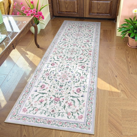 Vintage Floral 2x6 Purple Runner Rug for Bedroom Girls, Long Pastel Bathroom Rug Runner Non Slip, Boho Soft Teen Room Decor Carpet Runners for Nursery Hallway Kitchen
