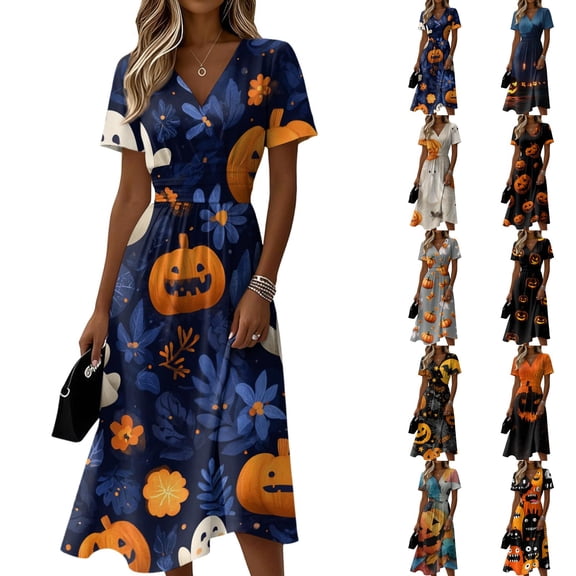 Womens Halloween Dress Ghost V Neck Witch Hat Casual Wedding Guest Dress Skeleton Short Sleeve Vintage Wrap Dresses XL