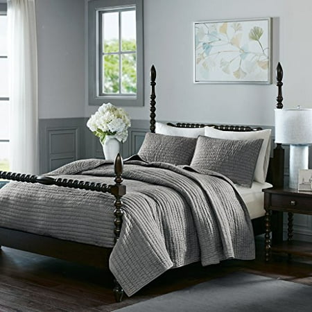 MADISON PARK SIGNATURE Serene King Size Quilt Bedding Set – Grey, Quilted – 3 Piece Bedding Quilt Coverlets – 100% Cotton Voile Bed Quilts Quilted Coverlet