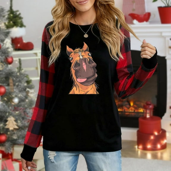 Women's Christmas Plaid Long Sleeve Top, "Funny Horse Face Cartoon Festive Graphic" Casual Shirt