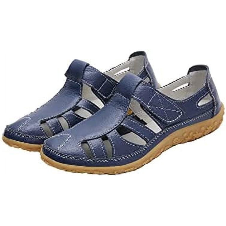 Women's Boho Leather Sandals - Closed Toe, Comfy Orthotic Ankle Strap Shoes For Casual & Beach