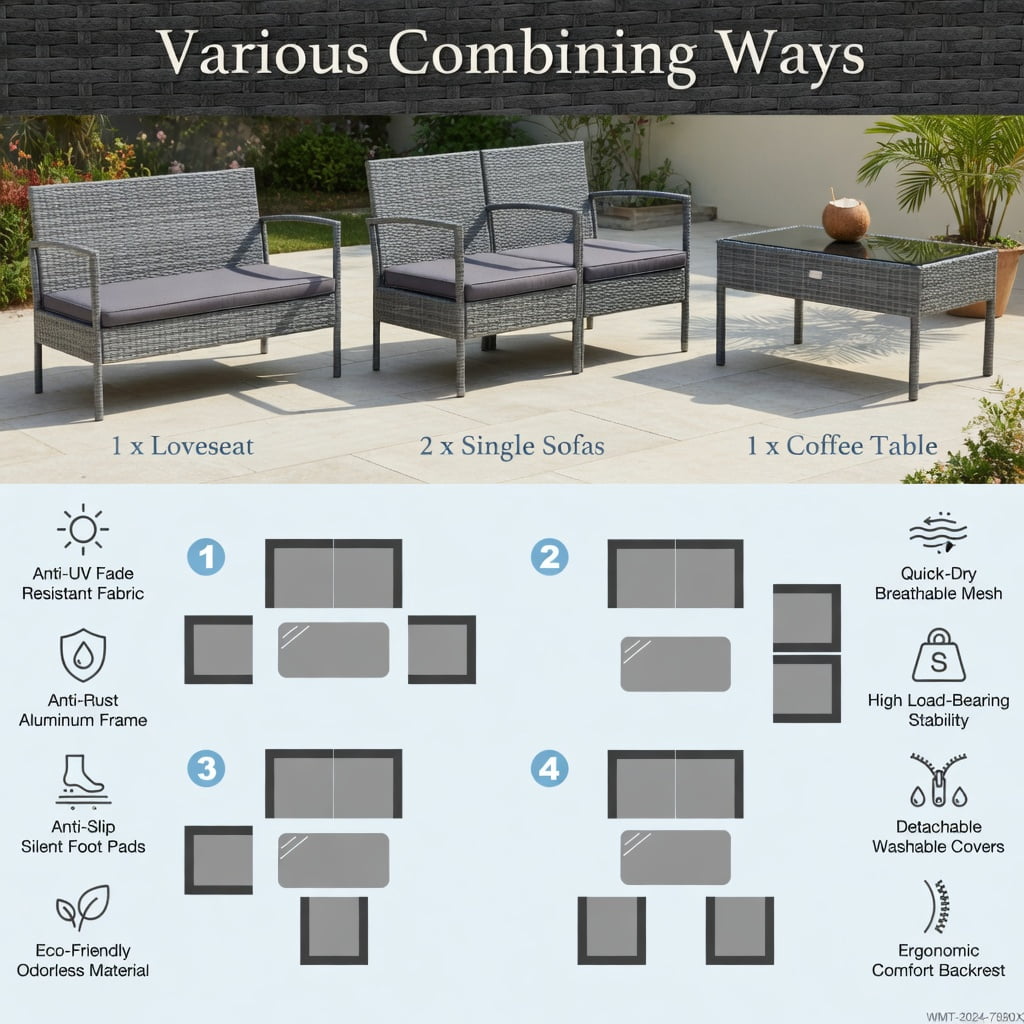 Hommoo 4-Piece Outdoor Rattan Patio Conversation Set with Steel Frame, Thick Cushions & Tempered Glass Coffee Table for Backyard, Poolside & Balcony, Gray