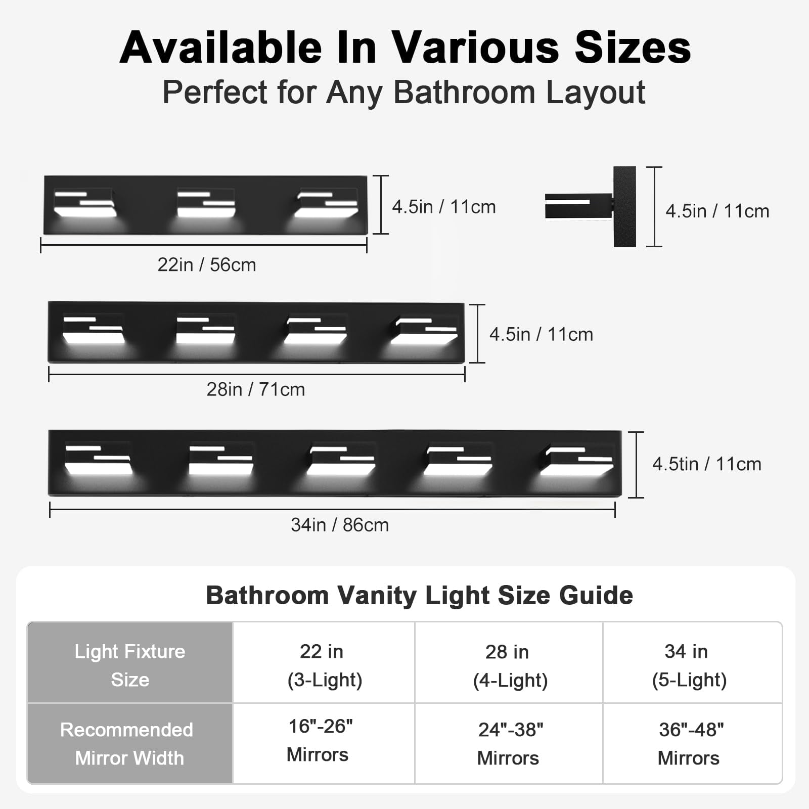 Led Modern Bathroom Vanity Light Fixtures 3-light 22-inch 5cct Dimmable Matte Black Lights For Lighting Over Mirror  With 360° Rotatable Acrylic Heads