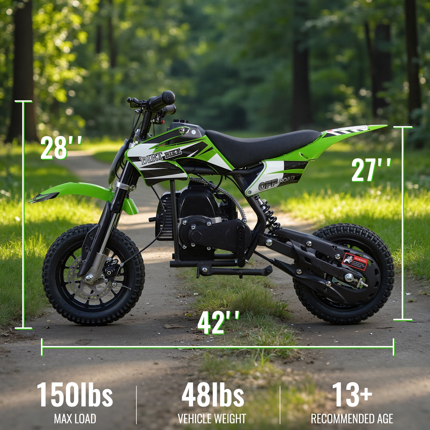 TOXOZERS 50cc 2-Stroke Dirt Bike ,Off-Road Mini Bike for Kids Ages 8+, Pit Bike with Safety Kill Switch, 25mph, 150 lbs, Green