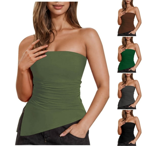 GERsome Womens Strapless Tube Tops Solid Color Irregular Hem Side Slit Sleeveless Slim Fit Off Shoulder Summer Camis Tunic Tops S-2XL
