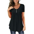 thumbnail image 2 of Plus Size Women's Short Sleeve Tops Round Neck Buttons Pleated Tunic T Shirts Solid Casual Pullover Blouses Black2,4XL, 2 of 6