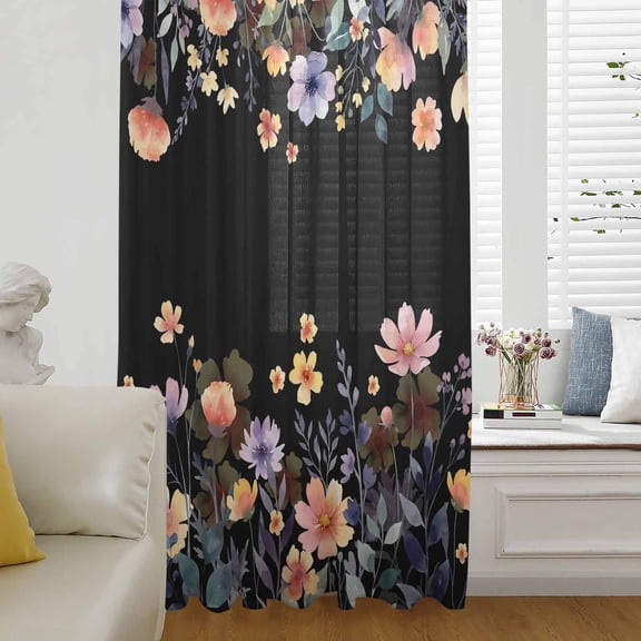 Black Spring Floral Sheer Curtains 84 Inches Long for Living Room/Bedroom, Elegant Flowers Farmhouse Botanical Rod Pocket Voile Kitchen Curtains & Drapes Window Treatment 1 Panel, 52"W x 84"L