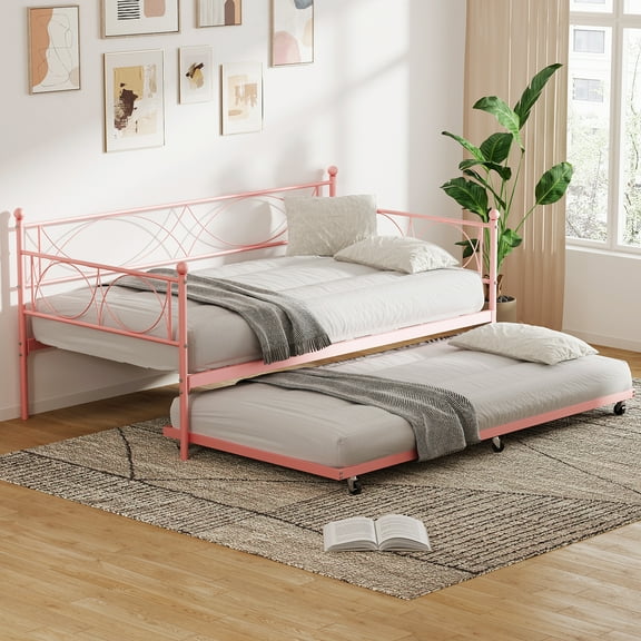 Metal Twin Daybed and Trundle Set, Day Bed Sofa Bed Frame with Steel Slat Support with Trundle for Bedroom, Living Room, Guest Room