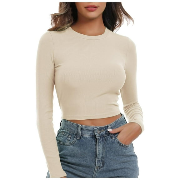 Zshosam Womens Long Sleeve Shirts Slim Fit Crew Neck Going Out Tops Basic Tees Trendy Fashion Fall Outfits 2024(Beige,XXL)