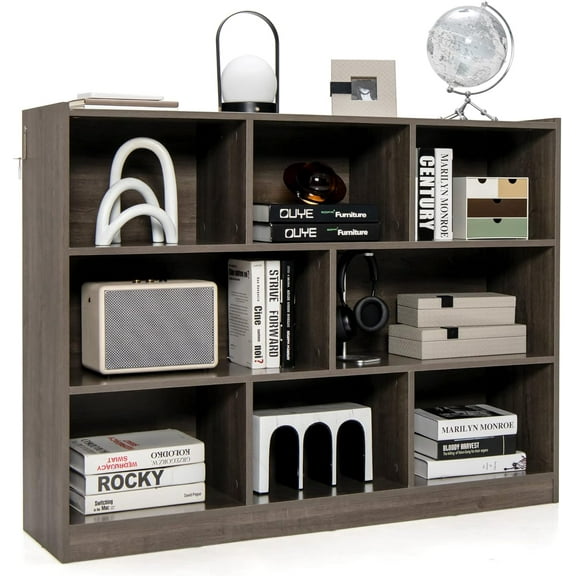 RONG-3 3-Tier Open Shelf Bookcase, Floor Standing Wood Bookshelf for Bedroom, Living Room & Kids Room, 8 Cube Bookcase, 48 x 12.5 x 36.5 (Grey)